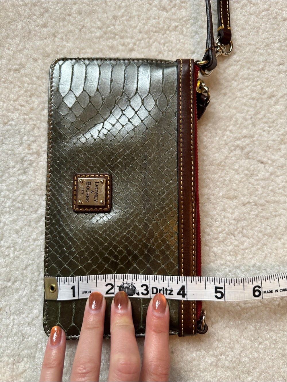Dooney & Bourke Metallic Olive Snake-Embossed Wristlet with Burgundy Trim - Picture 6 of 7